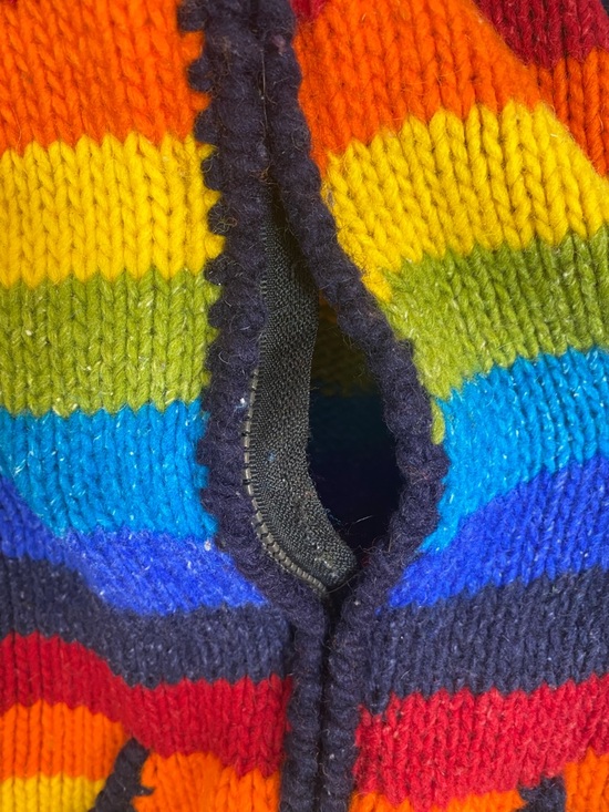 Handmade Knitted Rainbow Stripe Hooded Zip Cardigan Adult - see measurements - Picture 4 of 10